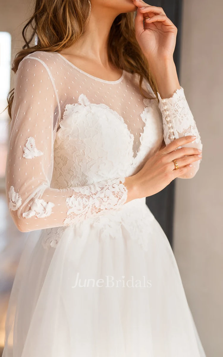 Modest A Line Lace Tulle Jewel Long Sleeve Wedding Dress with Appliques