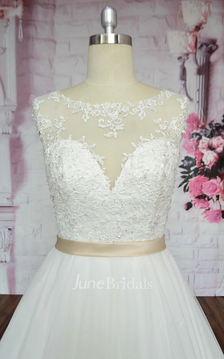 Deep V-back Ballgown Sleeveless A-line Tulle Wedding Dress With Illusion Neckline