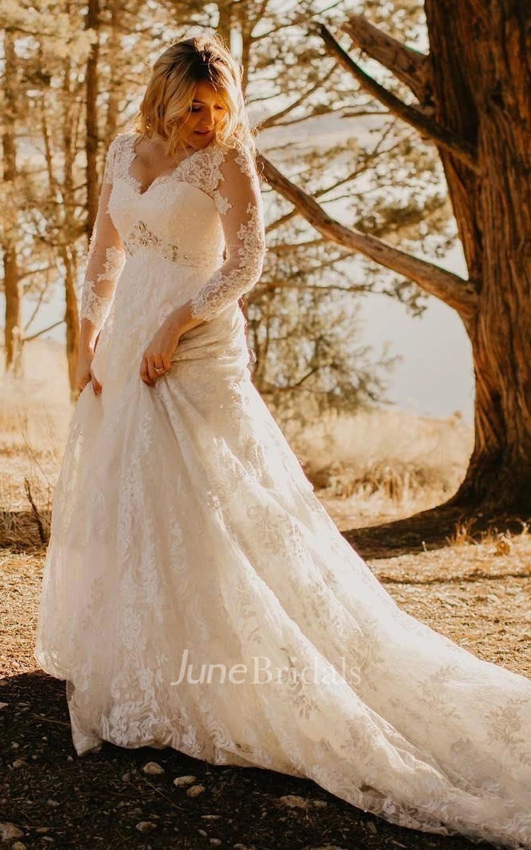 Elegant Country A Line Boho Lace Sparkly Beading Wedding Dress Illusion Sleeve V Neck Court Train Wedding Dress June Bridals