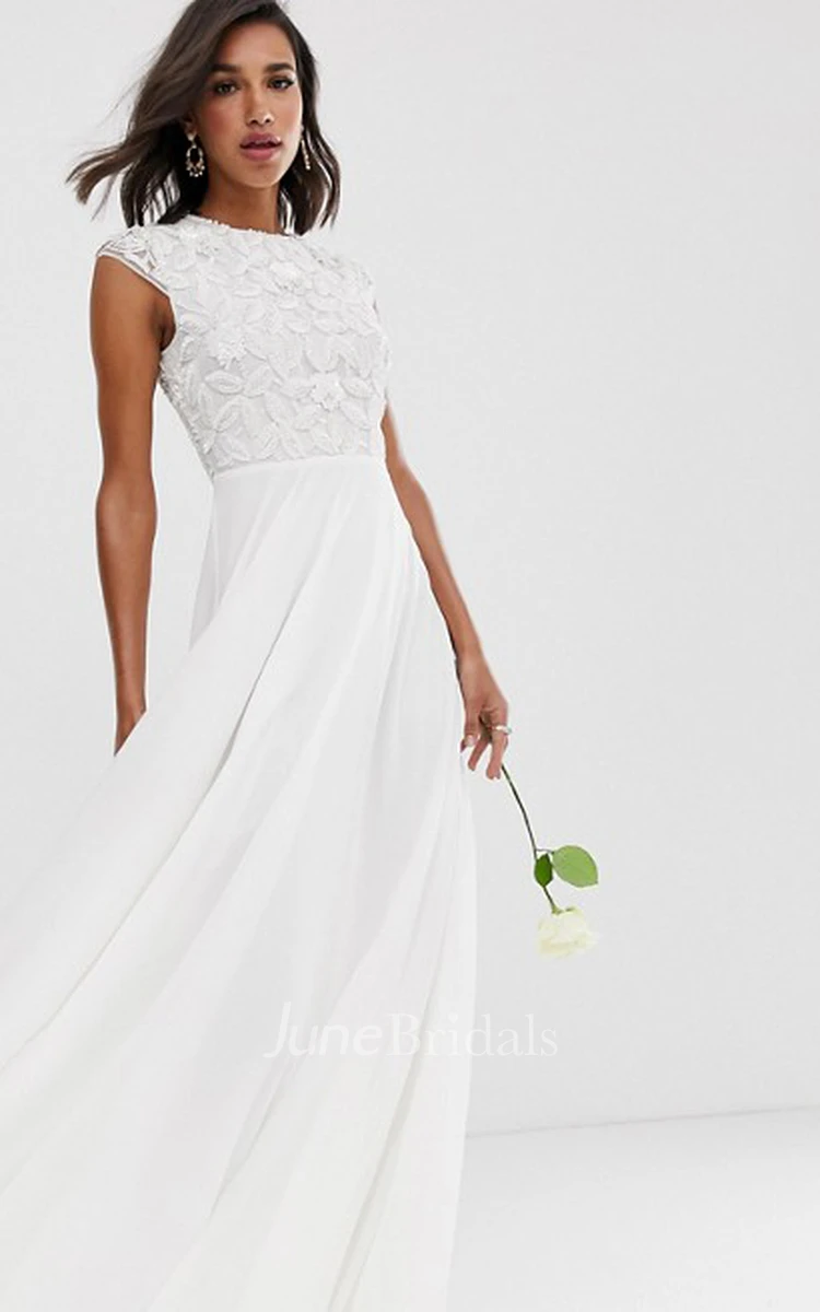 Ethereal Chiffon and Lace Sheath Cap Sleeve Wedding Dress