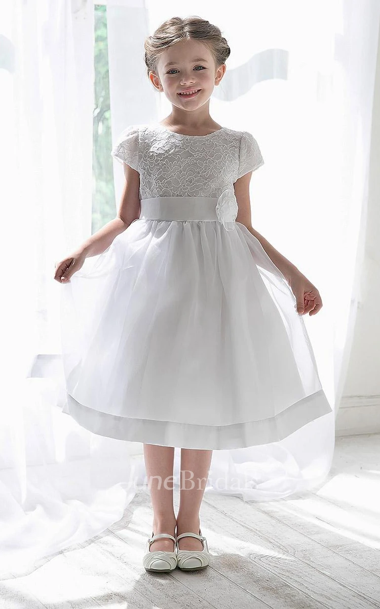 Adorable Elegant Boho Lace Qrganza Tea-Length Flower Girl Dress Cute Cap Sleeve Bow Dress with Belt