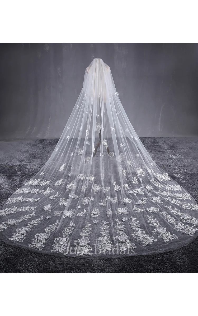 New Beautiful Long Tailed Bride Wedding Veil with Lace Flower