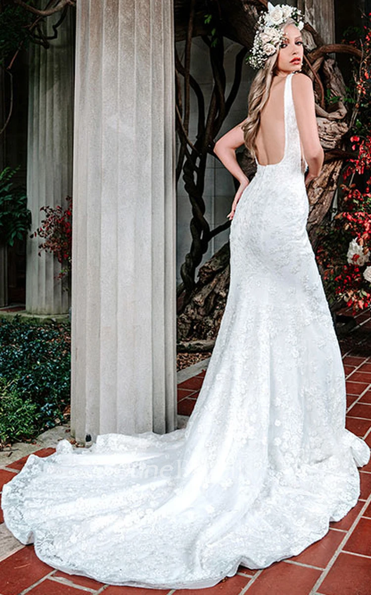 Modern Square Sleeveless Floor-length Lace Mermaid Wedding Dress