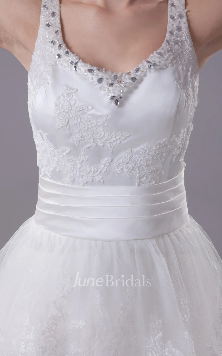 Strapped A-Line Tiered Dress with Lace and Rhinestone