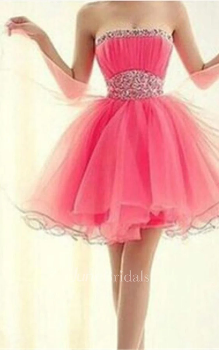 Lovely Strapless Sleeveless Organza Homecoming Dress Short With Beadings