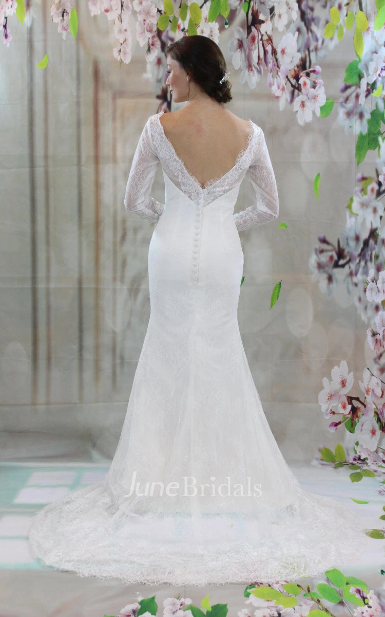 Bateau Neck Long Sleeve Lace Wedding Dress With V-Back