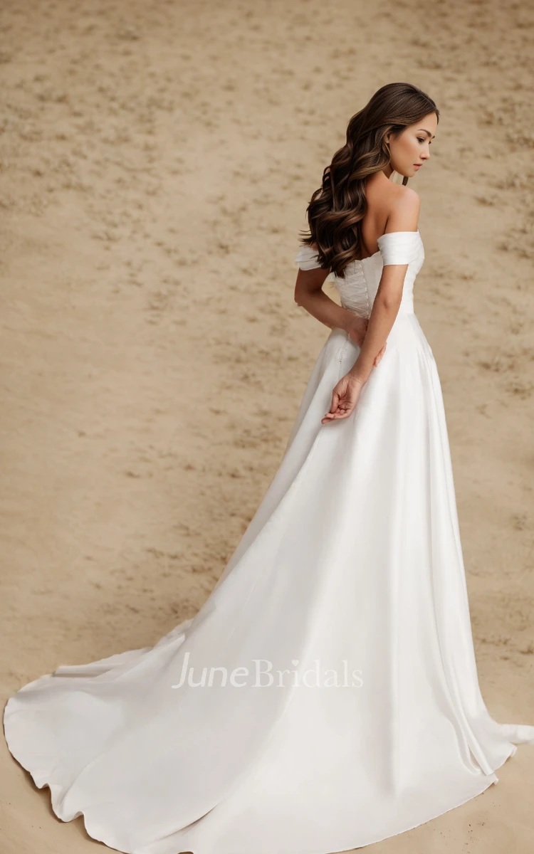Simple Solid Off the Shoulder A-Line Wedding Dress Summer Minimalist Ruching Sleeveless Corset Back Bridal Gown