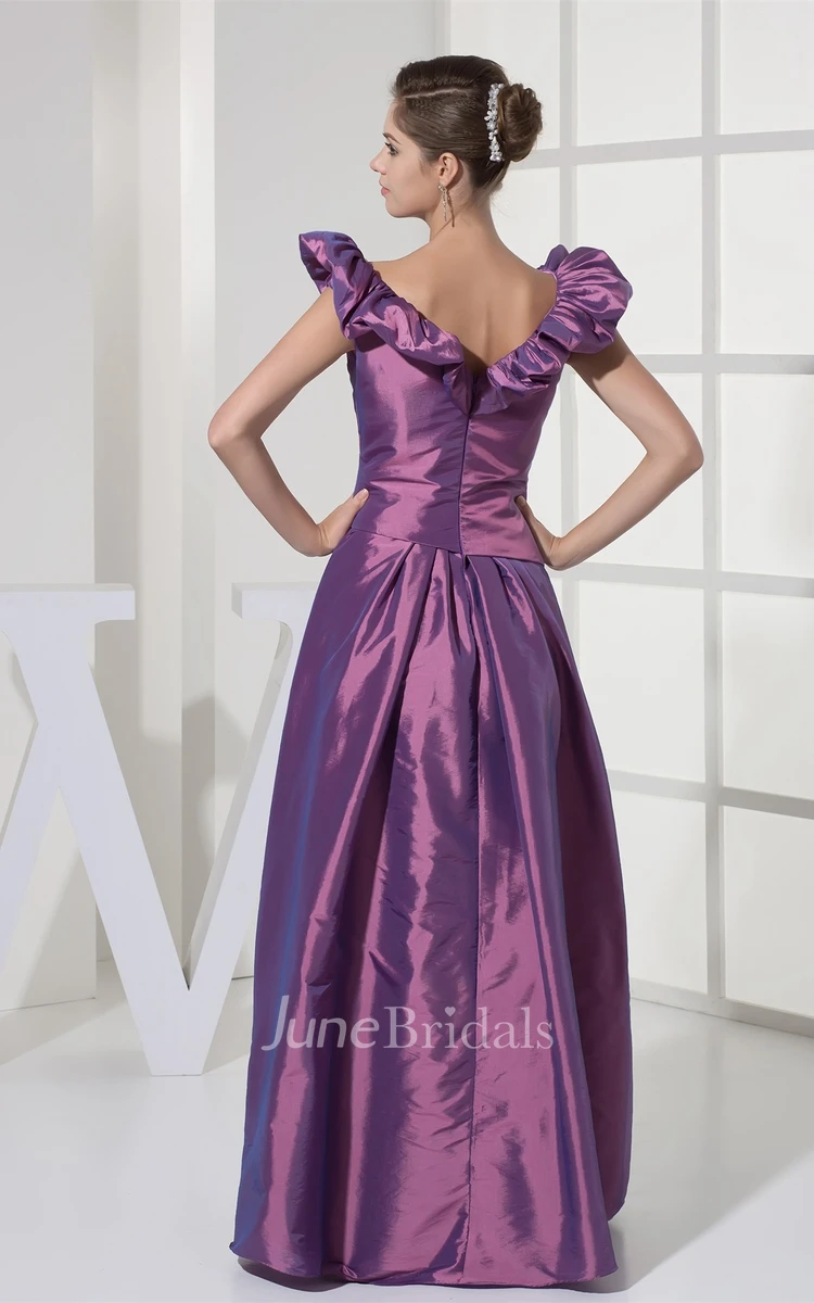 Satin A-Line Draped Gown with Ruffled V Neckline