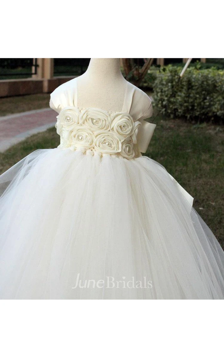 Hot Sales Cap Sleeve Pleated Tulle Gown With Floral Bodice