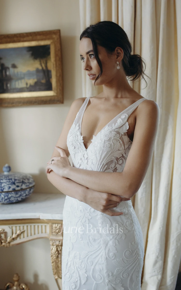Lace Plunging V-neck Sexy Mermaid Sleeveless Bridal Gown With Deep V-back And Court Train
