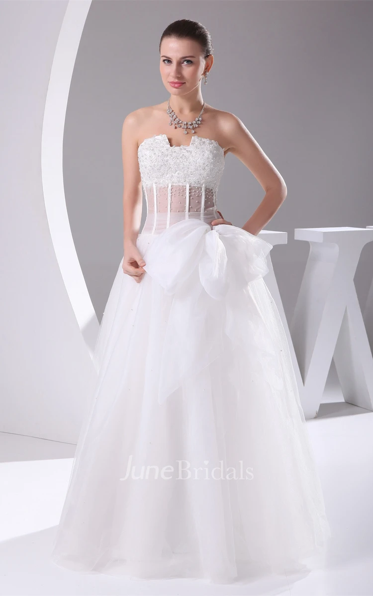 Notched Strapless Tulle A-Line Dress with Bow and Illusion Waist