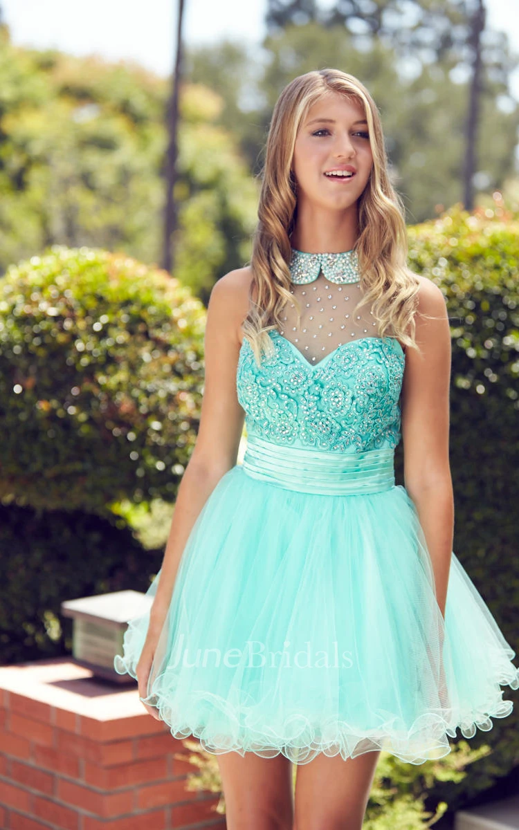 A-Line Mini High Neck Sleeveless Tulle Illusion Dress With Beading And Ruffles