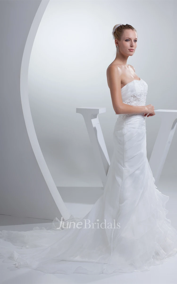 Strapless Appliqued Column Dress with Tiers and Appliques