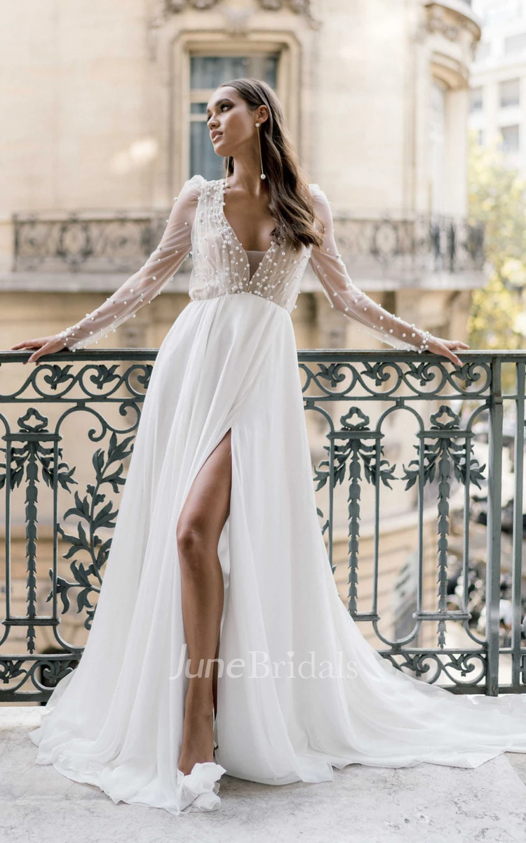 Sexy Elegant Chiffon A-Line V-neck Beaded Wedding Dress Vintage Romantic Long Sleeve Floor-length Split Bridal Gown with Train