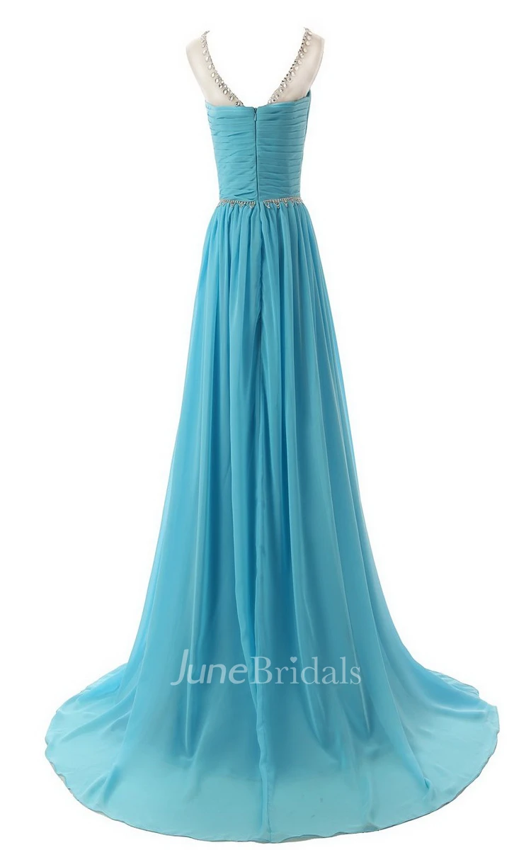 Bateau Neck Crystal-beaded Chiffon A-line Gown With Train