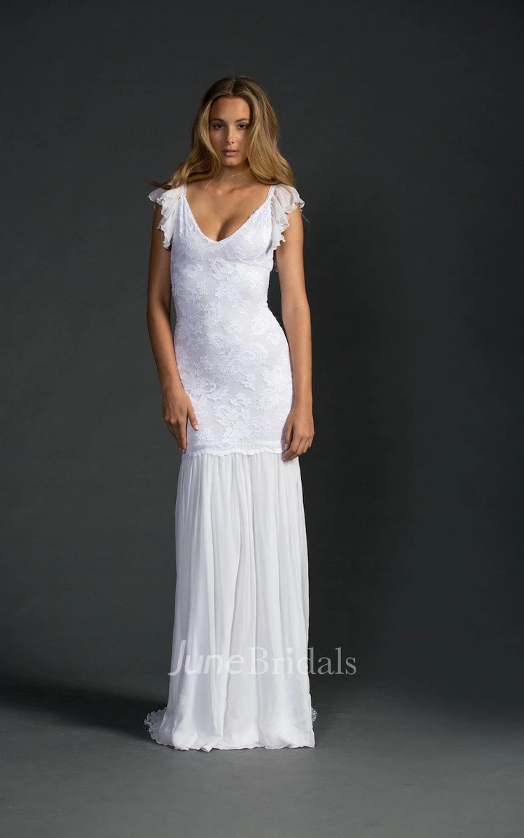 Grace Ruffled Cap Sleeve Low-V Neck Mermaid Lace Gown With Chiffon Skirt
