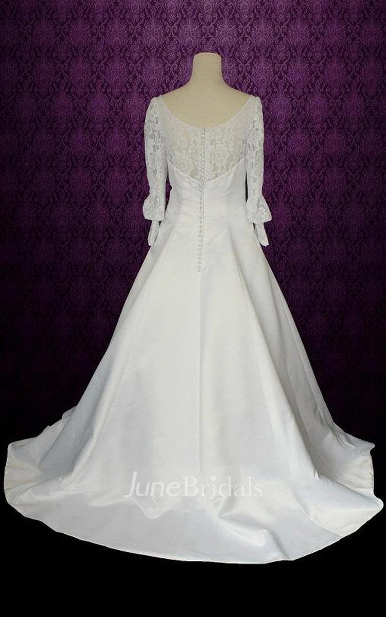 Jewel Puff Sleeve Button Back Long Satin Wedding Dress With Bow And Lace