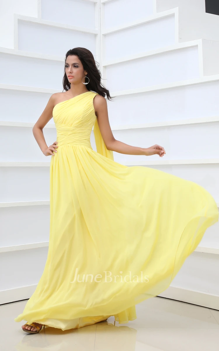 A-Line Empire Asymmetrical One-Shoulder Vintage Gown With Pleats
