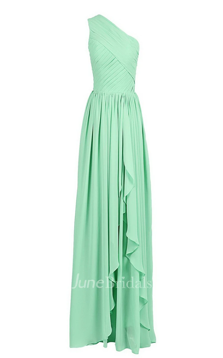 One-shoulder Drapped Chiffon A-line Gown With Pleats