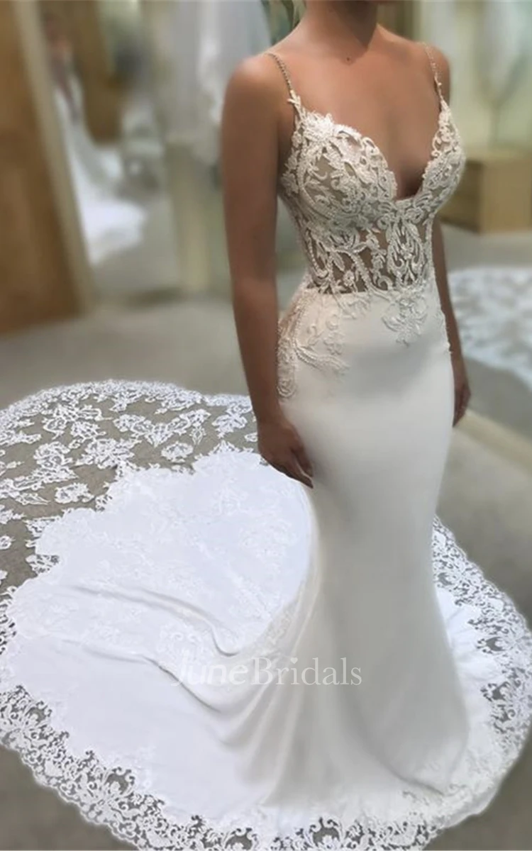Lace Mermaid Plunging Spaghetti Wedding Dress With Cathedral Train