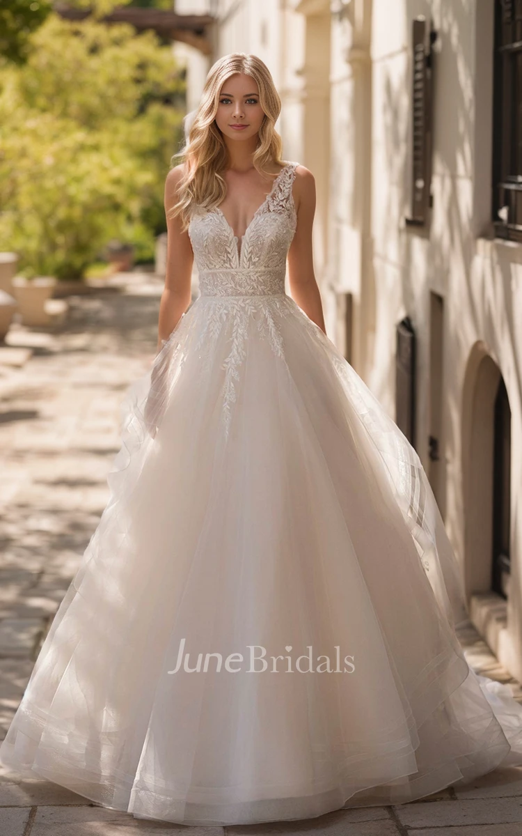 Elegant Romantic A-Line Plunging Neckline Floor-length Lace Tulle Wedding Dress Sexy Sleeveless Appliques Ruffles Button Deep-V Back Bridal Gown