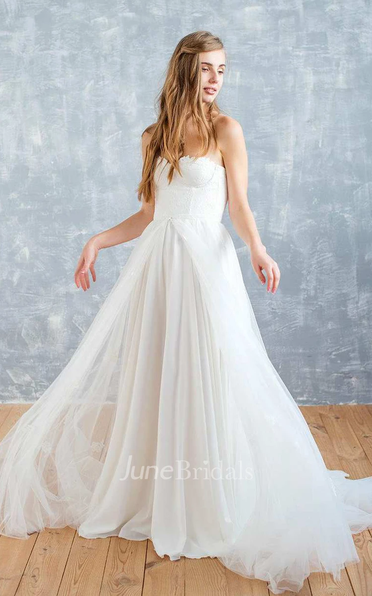 Sweetheart A-Line Tulle Chiffon Wedding Dress With Lace Top