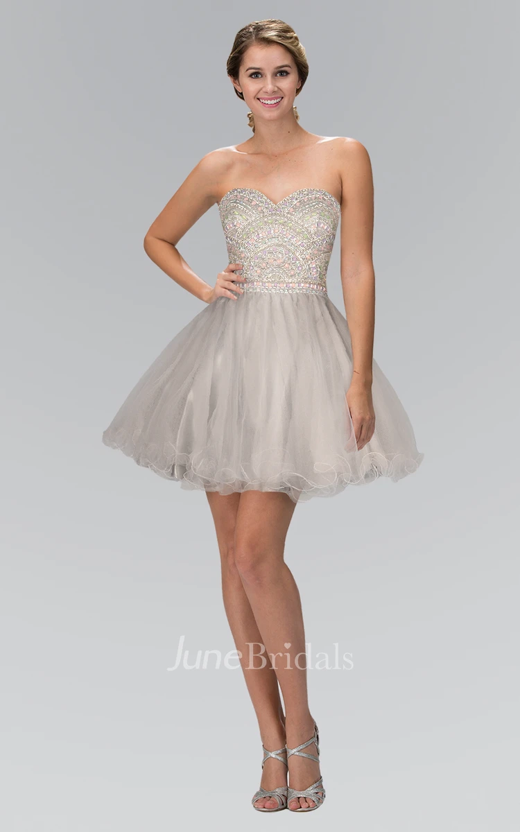 A-Line Short Sweetheart Sleeveless Tulle Dress With Beading And Ruffles