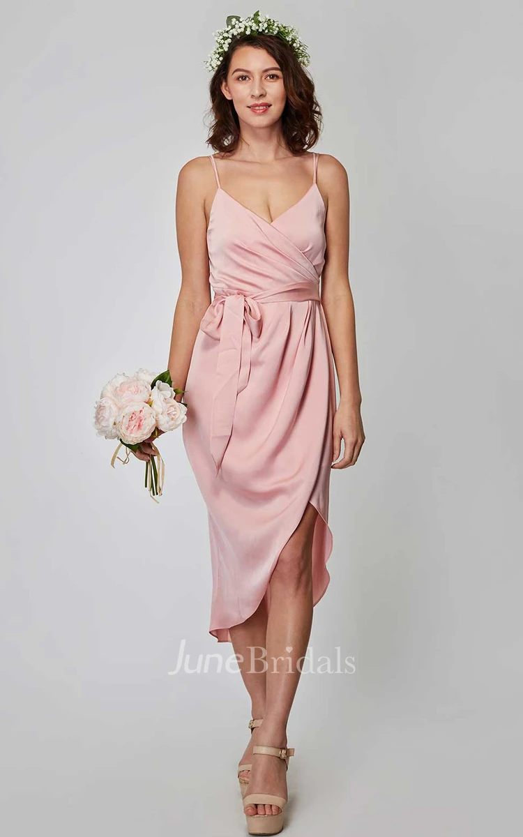 Informal Sexy Sheath Spaghetti Charmeuse Bridesmaid Dress With Open Back And Ruching