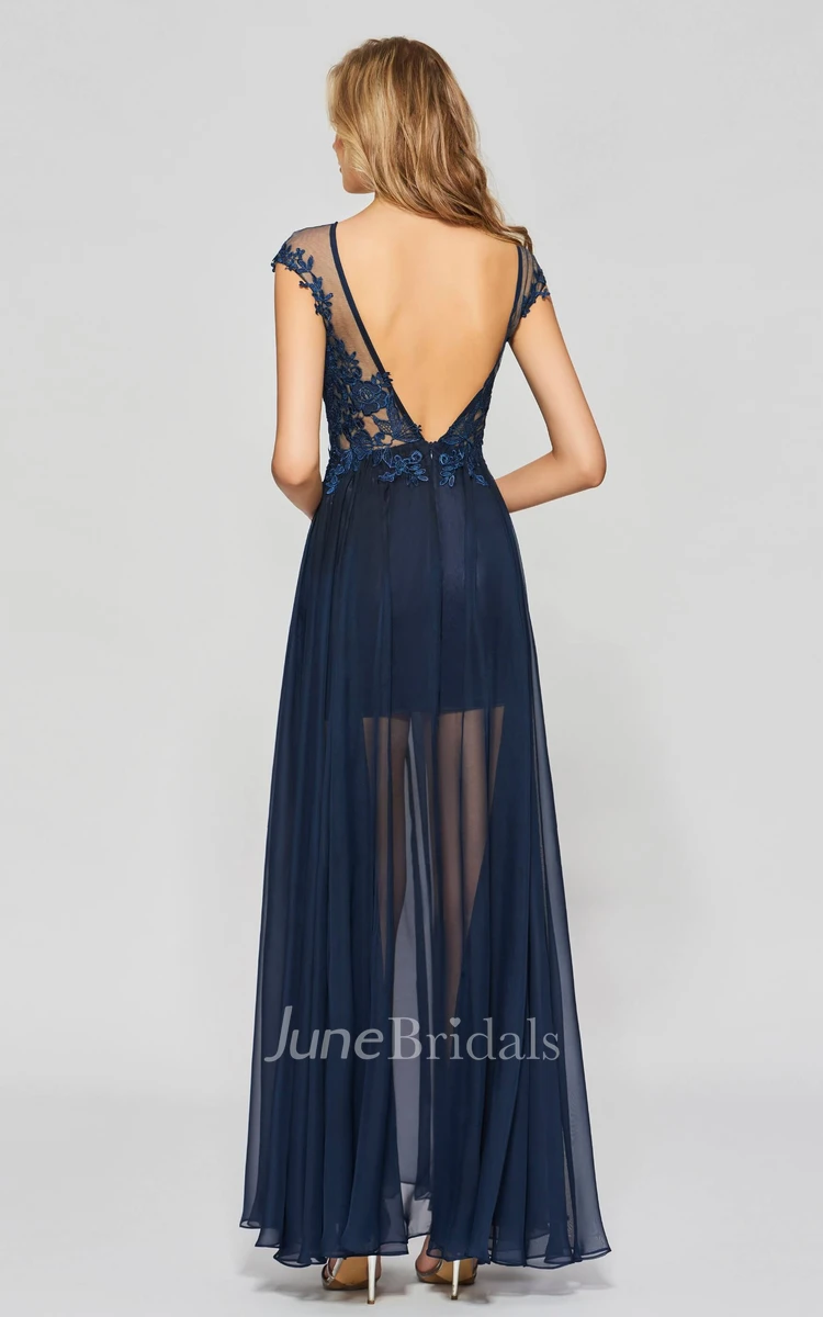 Split Front A-line Sexy Bateau Chiffon Gown With Lace Appliques And Deep V-back