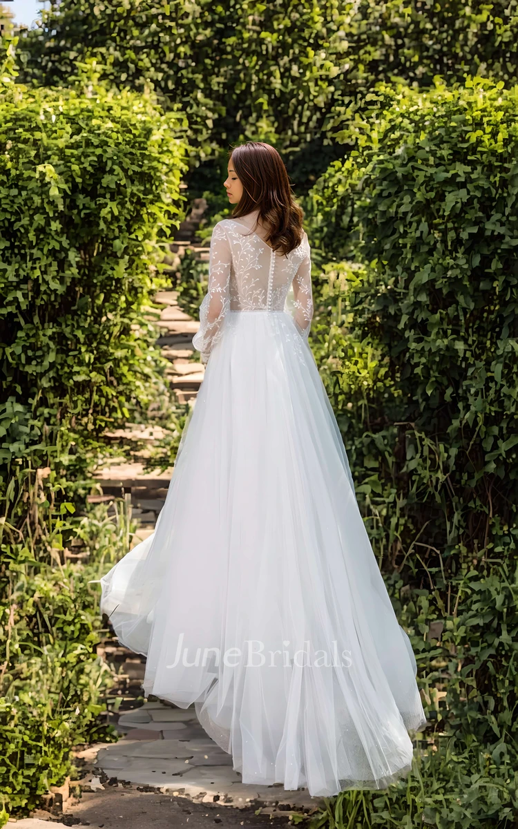 Elegant Modest A-line Lace Wedding Dress Long Sleeve Bateau Plunge Train Gown