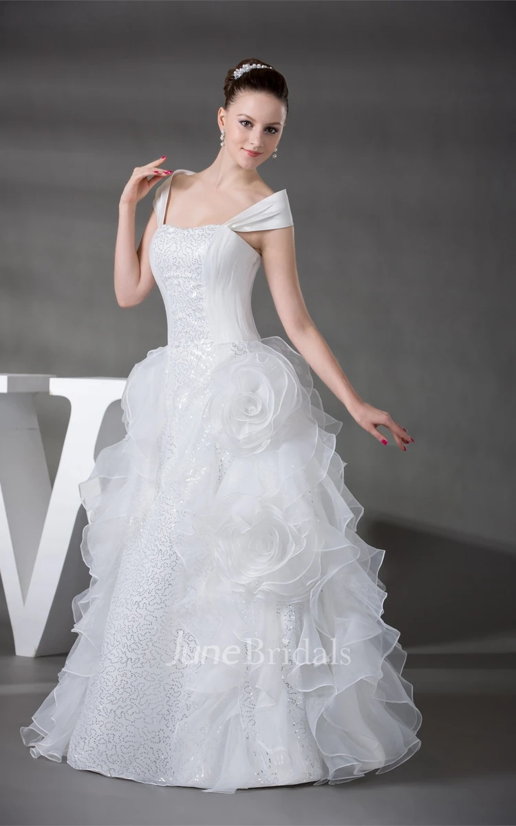 Caped-Sleeve Ruffled Ball Gown with Sequins and Flower