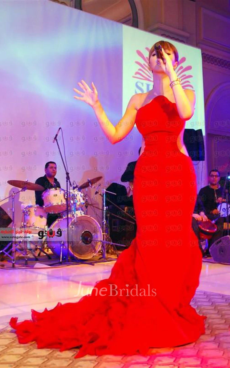 Attractive Red Mermaid Ruffles Evening Dress Court Train Sleeveless