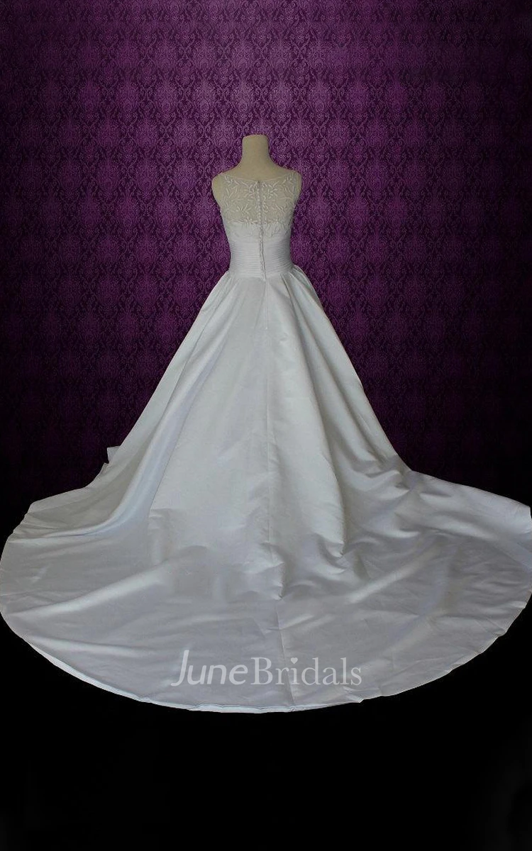 Jewel Sleeveless Button Back Satin Wedding Dress With Ruching And Appliques