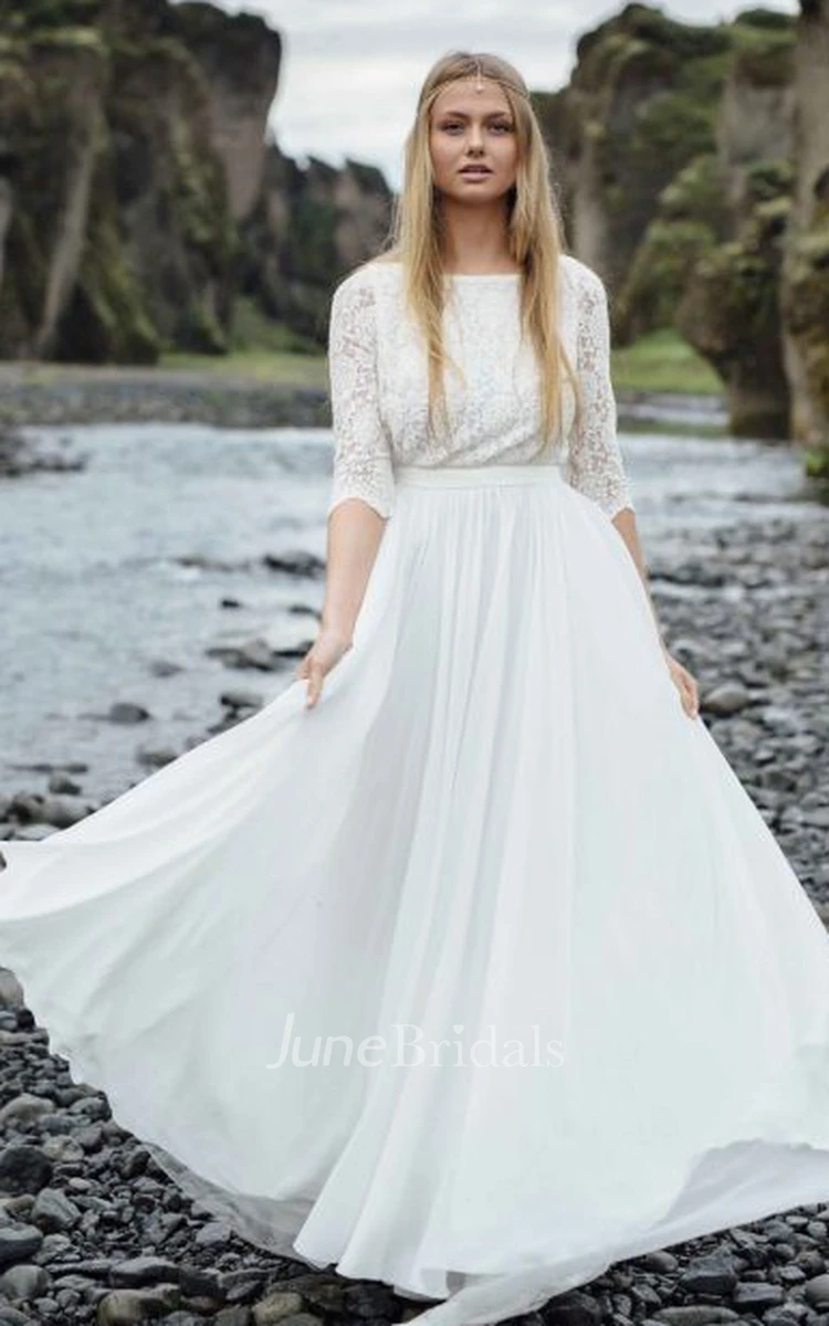 Elegant Lace and Chiffon Bateau A Line Sweep Train Wedding Dress with Ruching