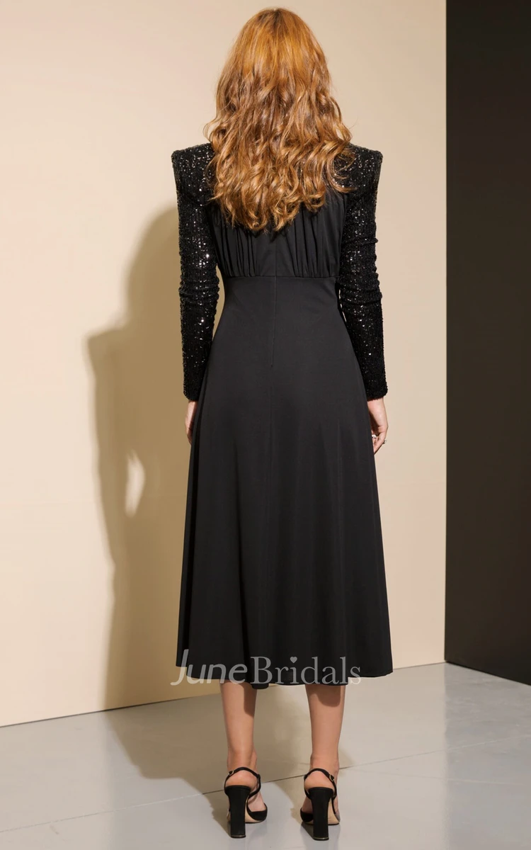 Long Sleeved A Line V-neck Jersey Evening Dress with Sequins