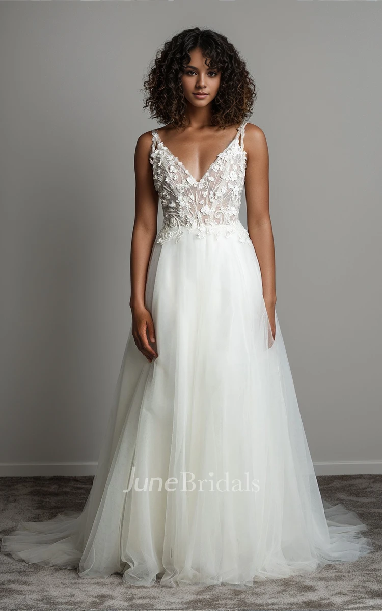 Elegant Romantic A-Line Spaghetti Straps Lace Tulle Appliques Wedding Dress Ethereal Sexy V-Neck Floor-length Backless Court Train Bridal Gown