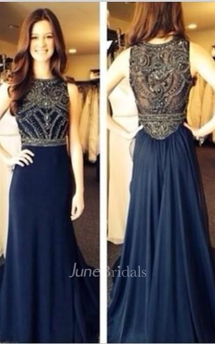 Sexy Sleeveless Navy Prom Dresses Floor Length Chiffon Top Sheer Party Gowns With Beaded Rhinestones
