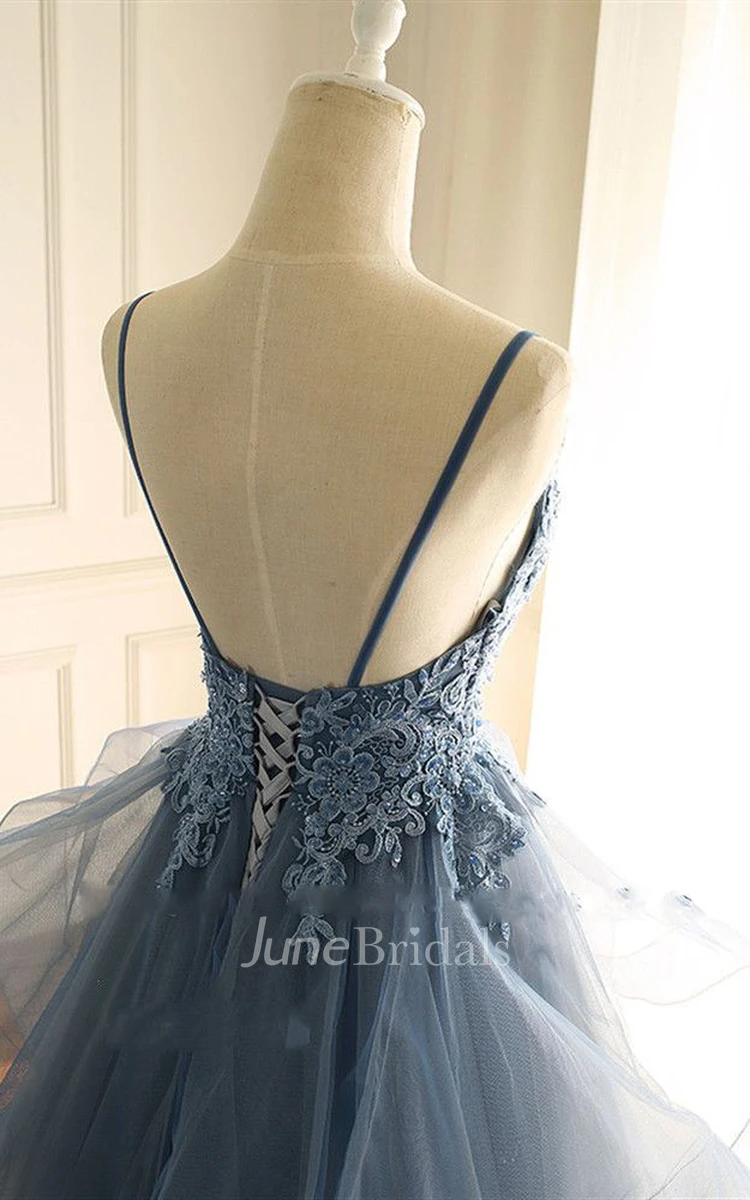 Ethereal A Line Tulle Floor-length Sleeveless Open Back Formal Dress with Applique
