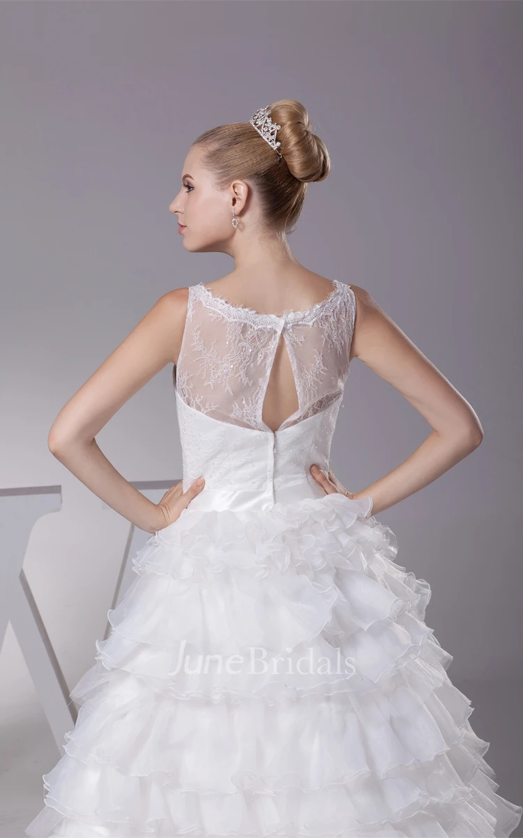 Tiered A-Line Ruffled Ball Gown with Illusion Neckline