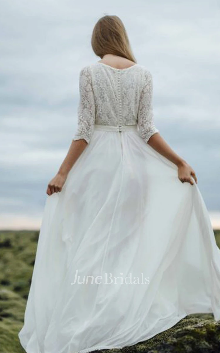 Elegant Lace and Chiffon Bateau A Line Sweep Train Wedding Dress with Ruching