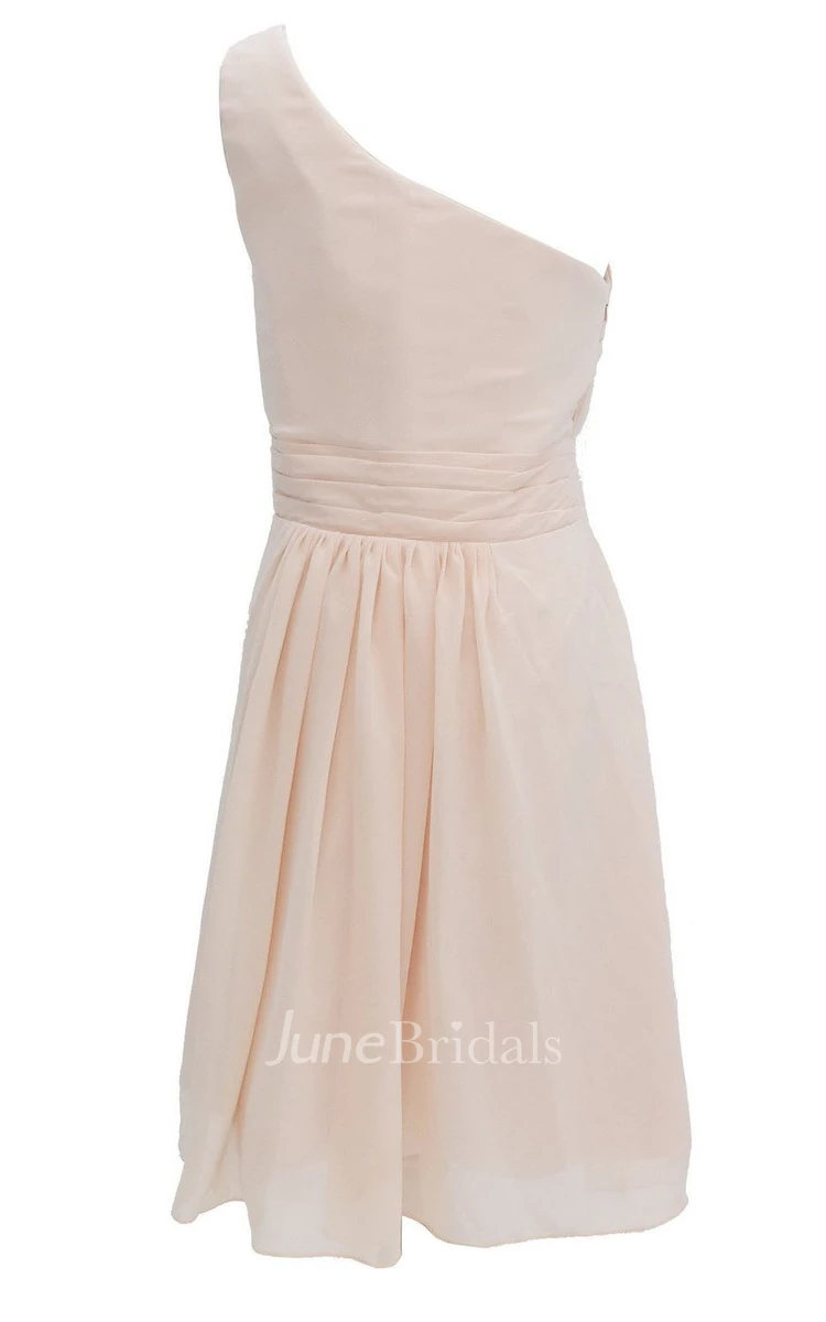 One-shoulder Ruched Knee-length Pleated Chiffon Dress