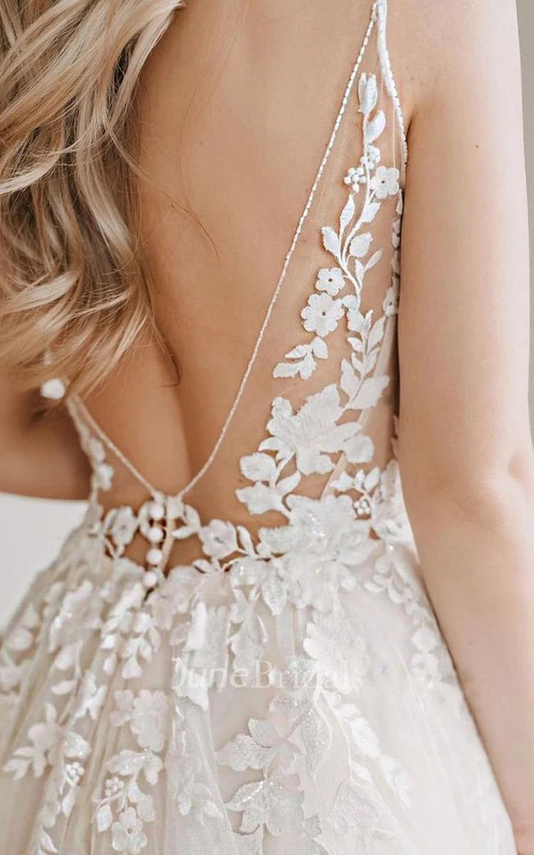 Bohemian A Line Floor-length Lace Tulle Spaghetti V-neck Sleeveless Wedding Dress