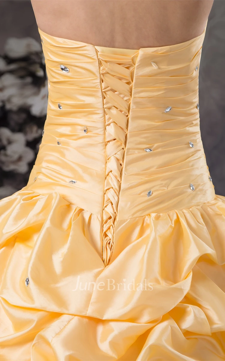 Strapless Ruched Pick-Up Ball Gown with Bow and Bolero