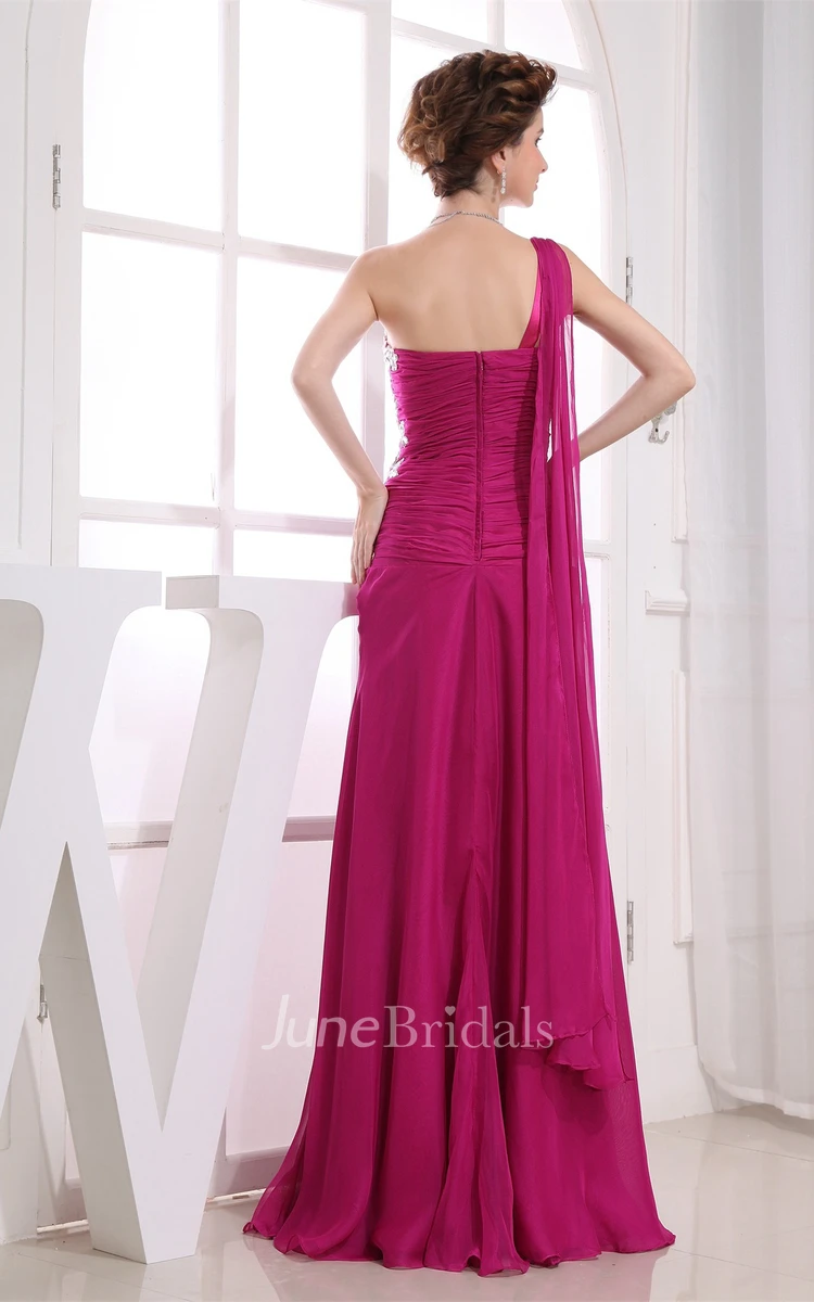 One-Shoulder Front-Split Ruched Bodice Gown with Beaded Embellishment and Zipper Back