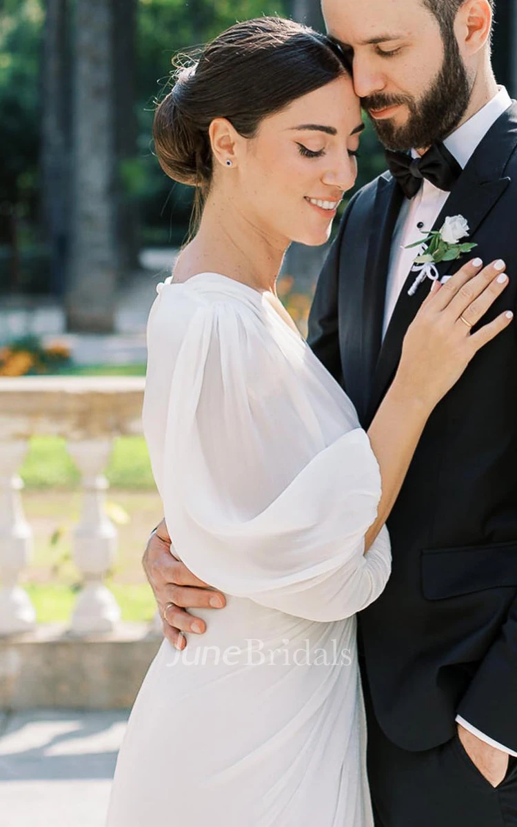 Casual Sheath Plunging Neckline Chiffon Wedding Dress With Open Back And Split Front