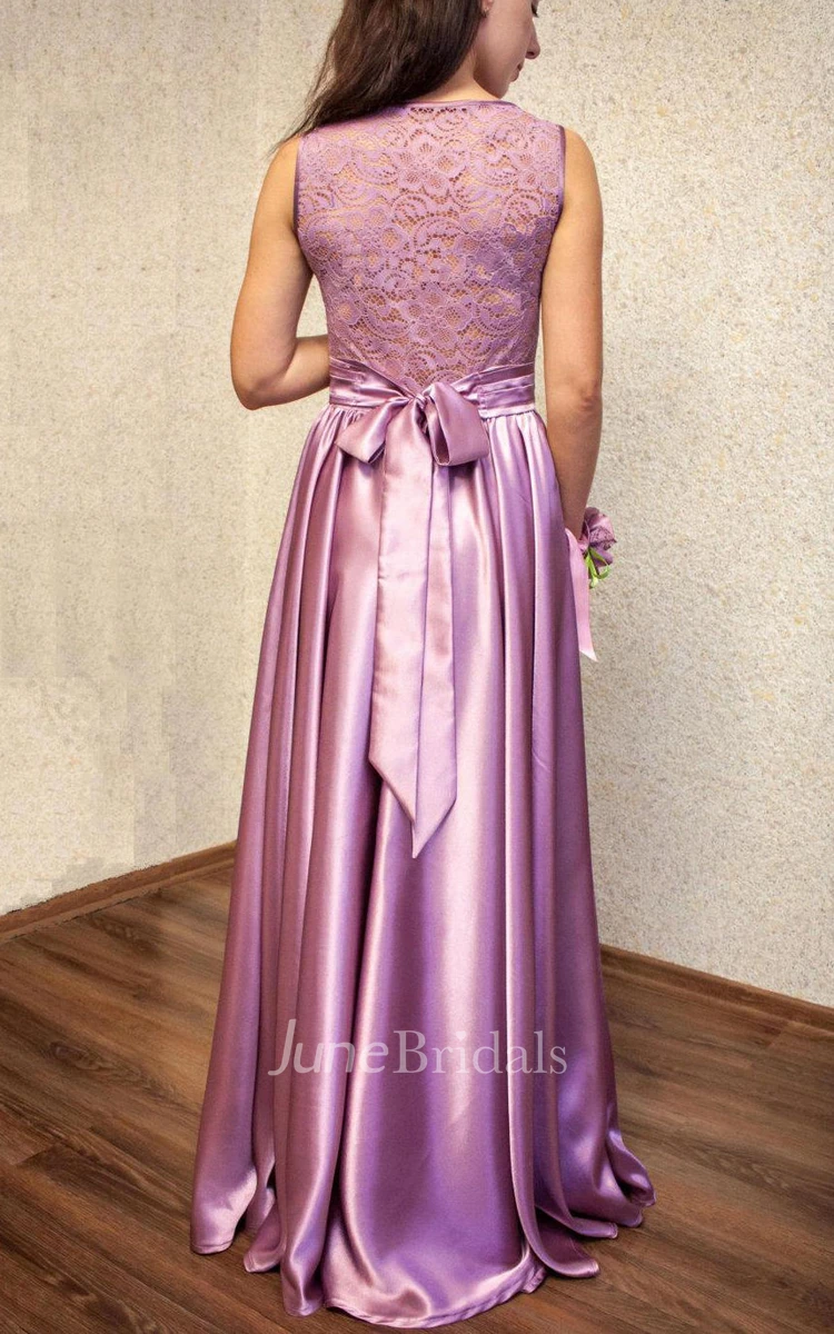 Purple Color Bridesmaid Long Cocktail With Bow Belt Dress