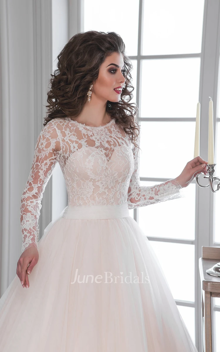 A-Line Maxi Scoop Long-Sleeve Illusion Tulle Lace Dress With Bow