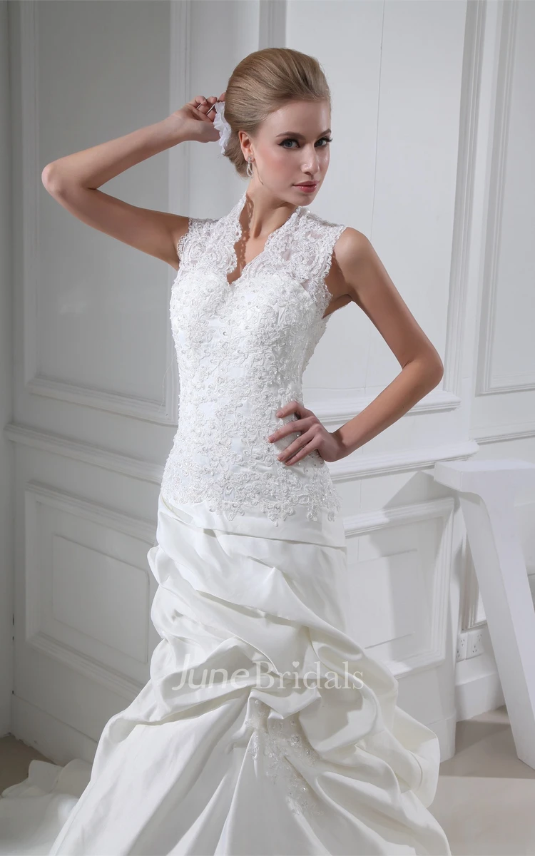 Sleeveless Pick-Up A-Line Ball Gown with Stress and Appliques