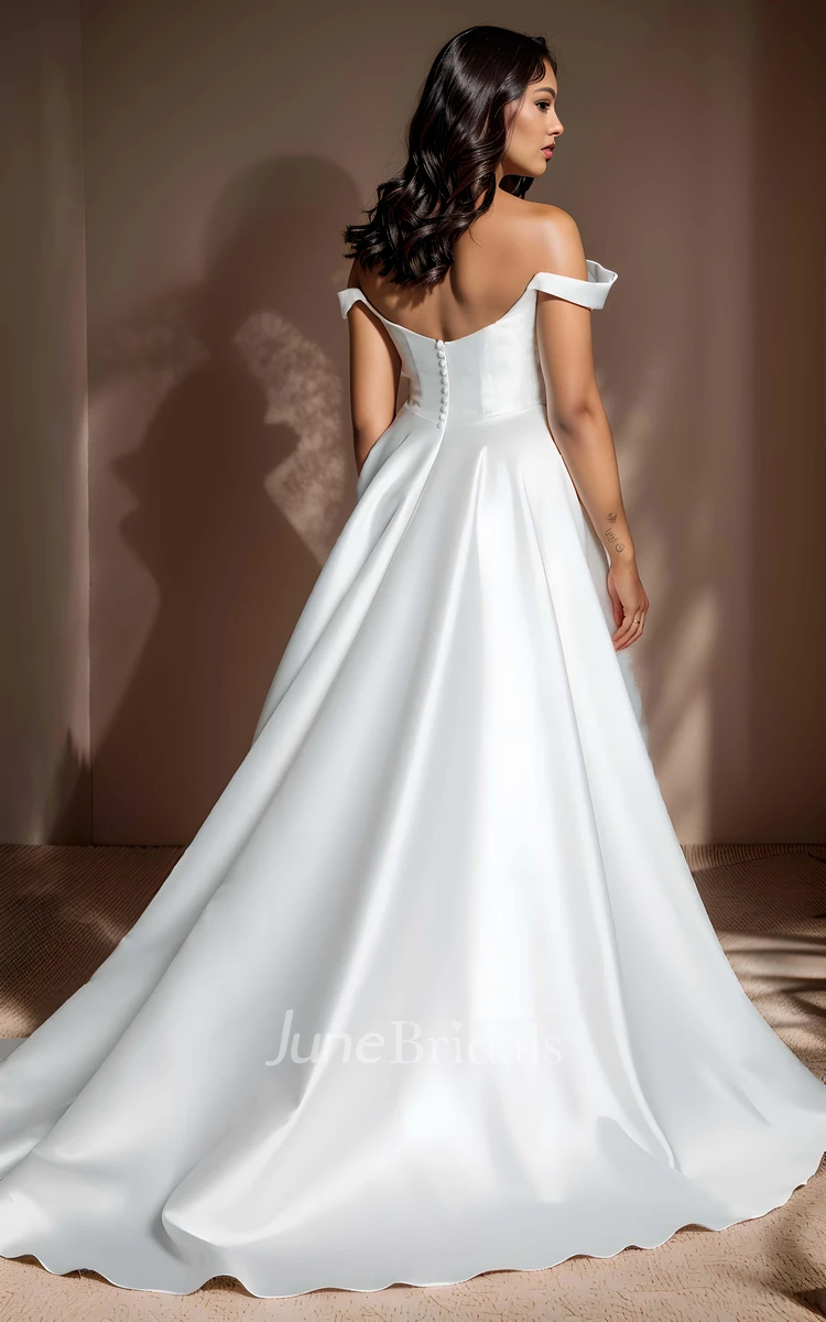 Simple Sexy Off-the-shoulder Straps A-Line Satin Wedding Dress Elegant Solid Big Bust Floor-length Sleeveless Draping Button Zipper Low-V Back Bridal Gown