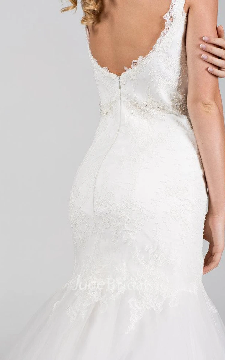 Square Neck Sleeveless Mermaid Lace Wedding Dress With Beading